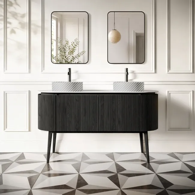 Positano Black Oak Curved Vanity Unit with Matt White Stone Top 1500mm - Basin Not Included