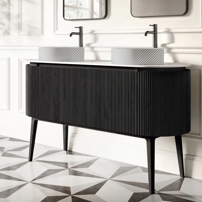 Positano Black Oak Curved Vanity Unit with Matt White Stone Top 1500mm - Basin Not Included