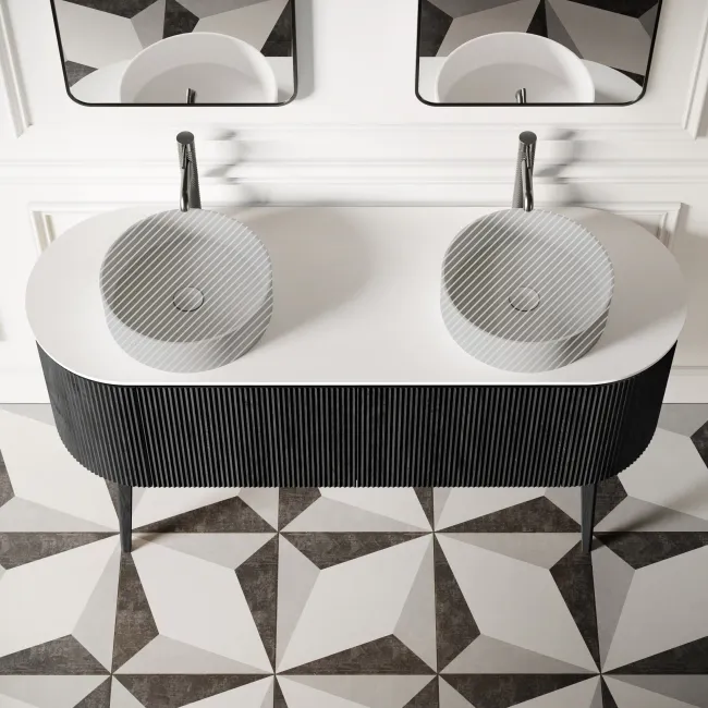 Positano Black Oak Curved Vanity Unit with Matt White Stone Top 1500mm - Basin Not Included