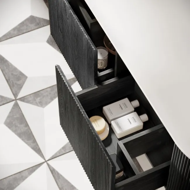 Positano Black Oak Curved Vanity Unit with Matt White Stone Top 1500mm - Basin Not Included