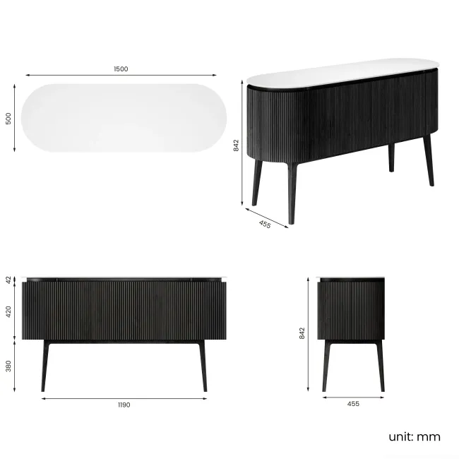 Positano Black Oak Curved Vanity Unit with Matt White Stone Top 1500mm - Basin Not Included