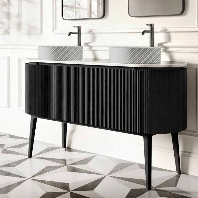Positano Black Oak Curved Vanity Unit with Carrara Marble Top 1500mm - Basin Not Included