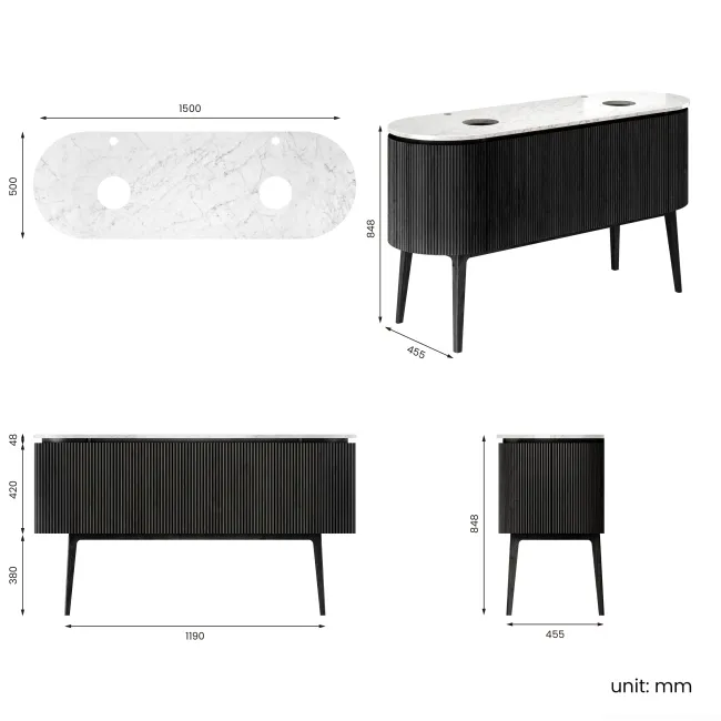 Positano Black Oak Curved Vanity Unit with Carrara Marble Top 1500mm - Basin Not Included