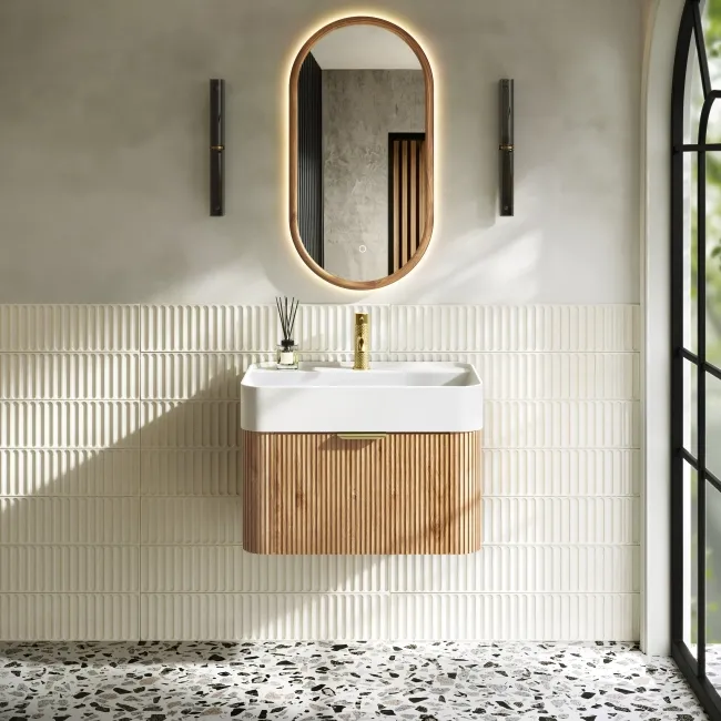 Cayman Natural Oak Wall Hung Slimline Basin Drawer Vanity 600mm - Brushed Brass Accents