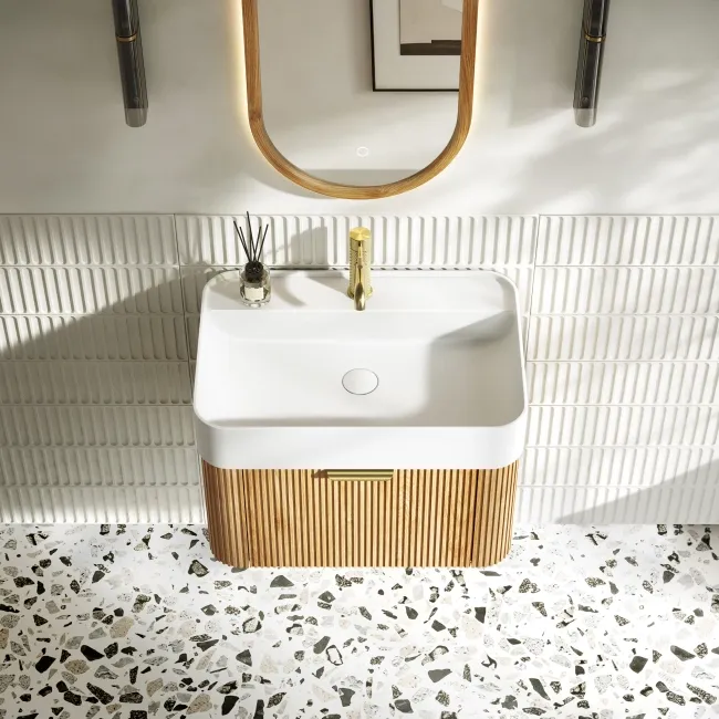 Cayman Natural Oak Wall Hung Slimline Basin Drawer Vanity 600mm - Brushed Brass Accents