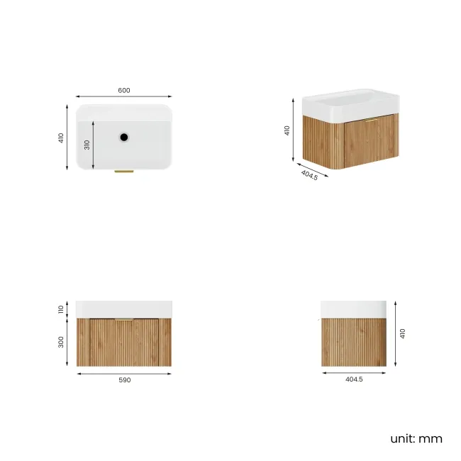 Cayman Natural Oak Wall Hung Slimline Basin Drawer Vanity 600mm - Brushed Brass Accents