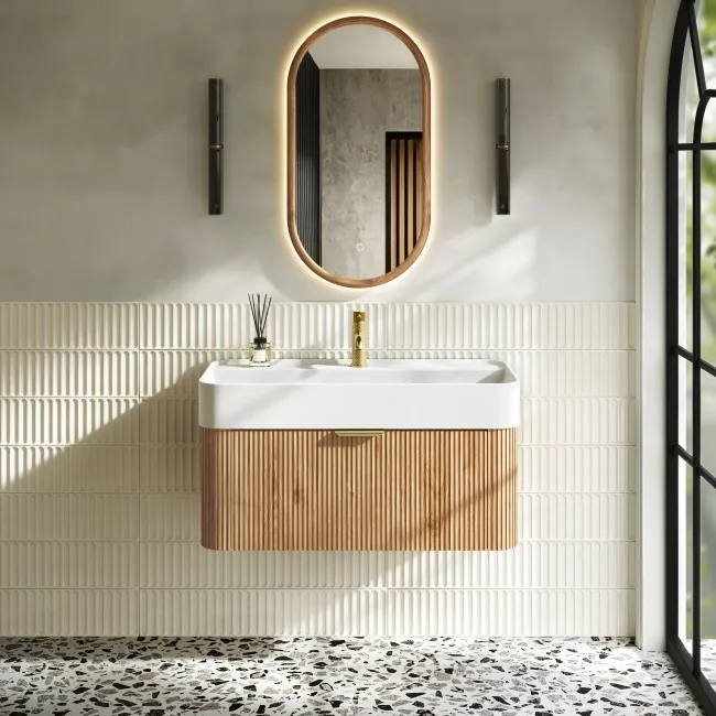 Cayman Natural Oak Wall Hung Slimline Basin Drawer Vanity 800mm - Brushed Brass Accents