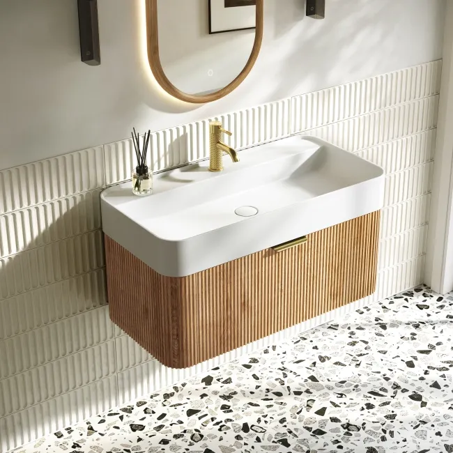 Cayman Natural Oak Wall Hung Slimline Basin Drawer Vanity 800mm - Brushed Brass Accents