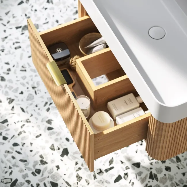 Cayman Natural Oak Wall Hung Slimline Basin Drawer Vanity 800mm - Brushed Brass Accents
