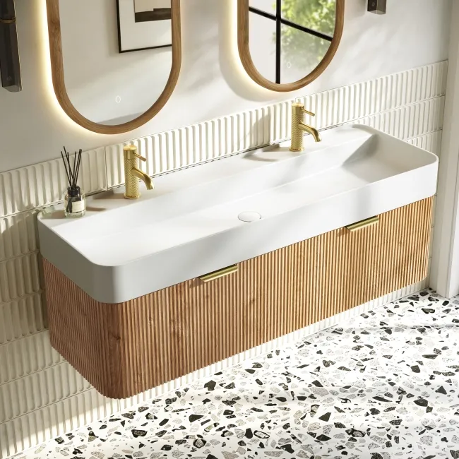 Cayman Natural Oak Wall Hung Slimline Basin Drawer Vanity 1200mm - Brushed Brass Accents