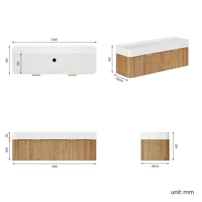 Cayman Natural Oak Wall Hung Slimline Basin Drawer Vanity 1200mm - Brushed Brass Accents