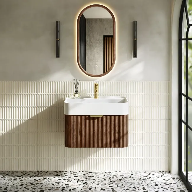Cayman Natural Walnut Wall Hung Slimline Basin Drawer Vanity 600mm - Brushed Brass Accents