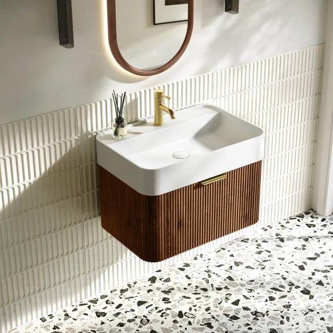 Cayman Natural Walnut Wall Hung Slimline Basin Drawer Vanity 600mm - Brushed Brass Accents