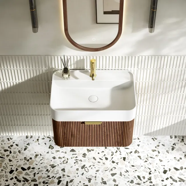 Cayman Natural Walnut Wall Hung Slimline Basin Drawer Vanity 600mm - Brushed Brass Accents