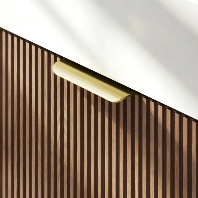 Cayman Natural Walnut Wall Hung Slimline Basin Drawer Vanity 600mm - Brushed Brass Accents