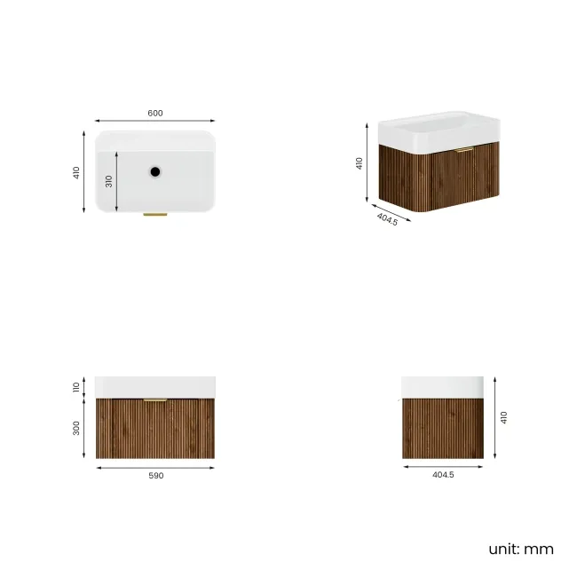 Cayman Natural Walnut Wall Hung Slimline Basin Drawer Vanity 600mm - Brushed Brass Accents