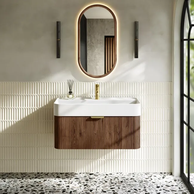 Cayman Natural Walnut Wall Hung Slimline Basin Drawer Vanity 800mm - Brushed Brass Accents