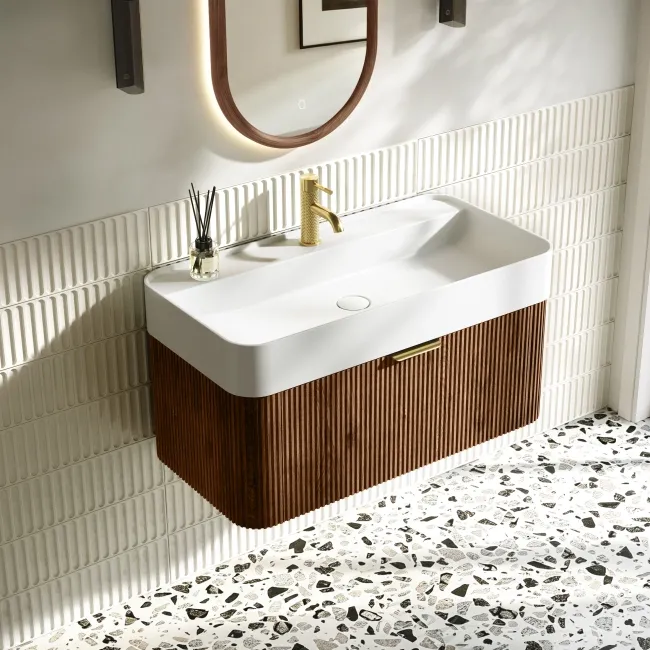 Cayman Natural Walnut Wall Hung Slimline Basin Drawer Vanity 800mm - Brushed Brass Accents