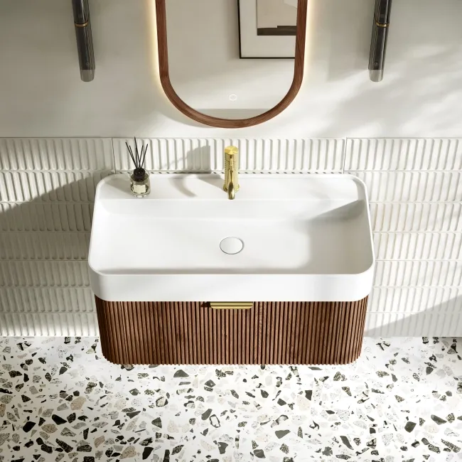Cayman Natural Walnut Wall Hung Slimline Basin Drawer Vanity 800mm - Brushed Brass Accents