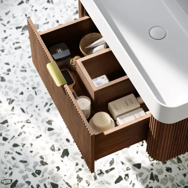 Cayman Natural Walnut Wall Hung Slimline Basin Drawer Vanity 800mm - Brushed Brass Accents