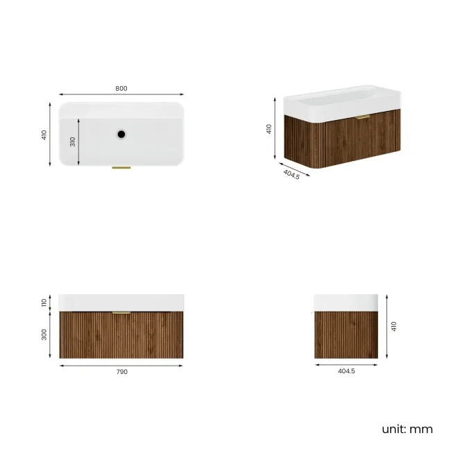 Cayman Natural Walnut Wall Hung Slimline Basin Drawer Vanity 800mm - Brushed Brass Accents