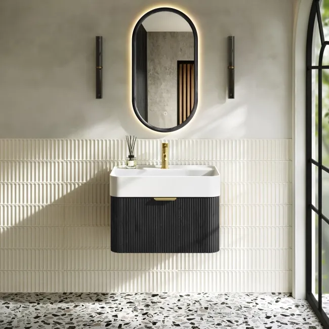 Cayman Black Oak Wall Hung Slimline Basin Drawer Vanity 600mm - Brushed Brass Accents