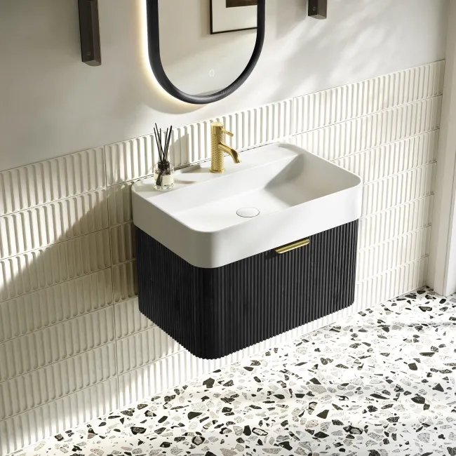 Cayman Black Oak Wall Hung Slimline Basin Drawer Vanity 600mm - Brushed Brass Accents