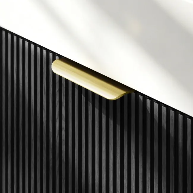 Cayman Black Oak Wall Hung Slimline Basin Drawer Vanity 600mm - Brushed Brass Accents