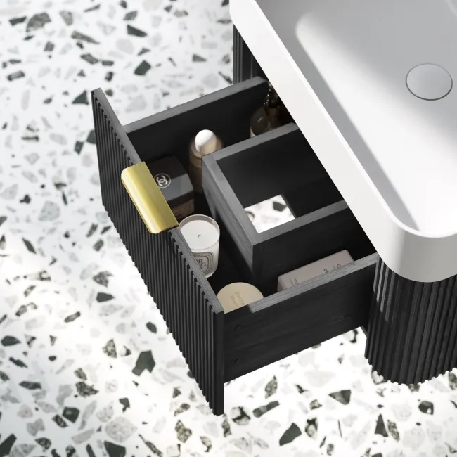 Cayman Black Oak Wall Hung Slimline Basin Drawer Vanity 600mm - Brushed Brass Accents