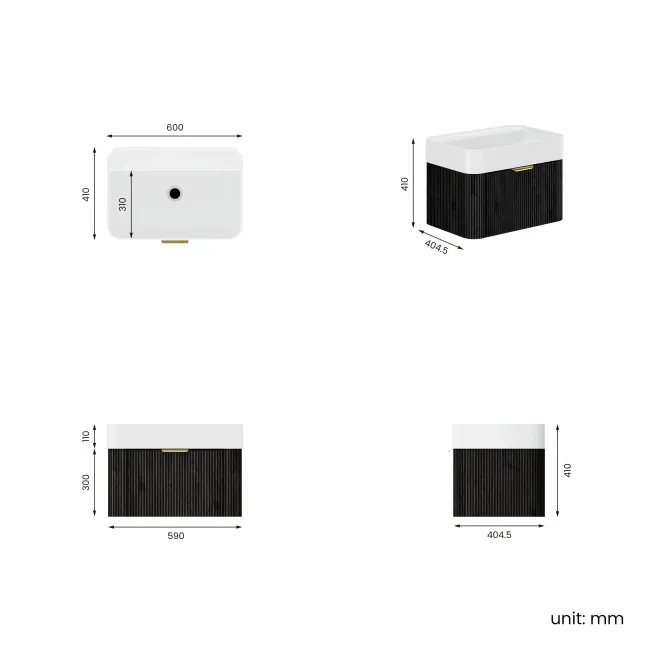 Cayman Black Oak Wall Hung Slimline Basin Drawer Vanity 600mm - Brushed Brass Accents