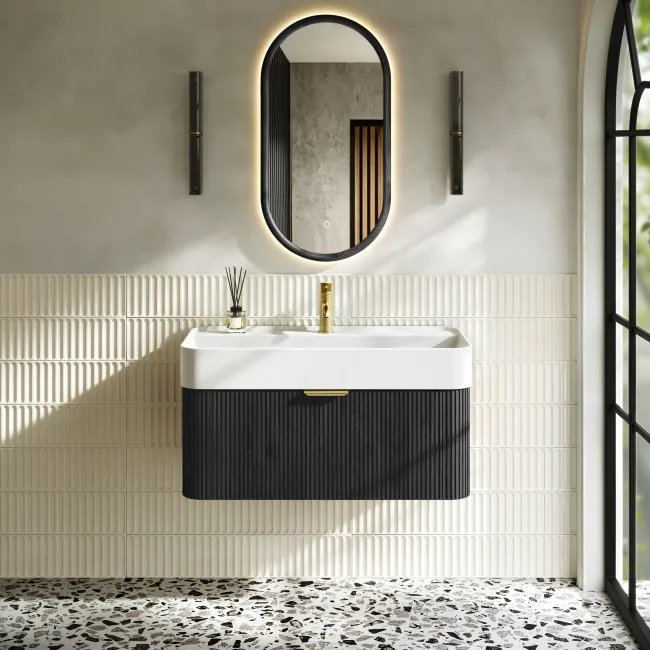 Cayman Black Oak Wall Hung Slimline Basin Drawer Vanity 800mm - Brushed Brass Accents