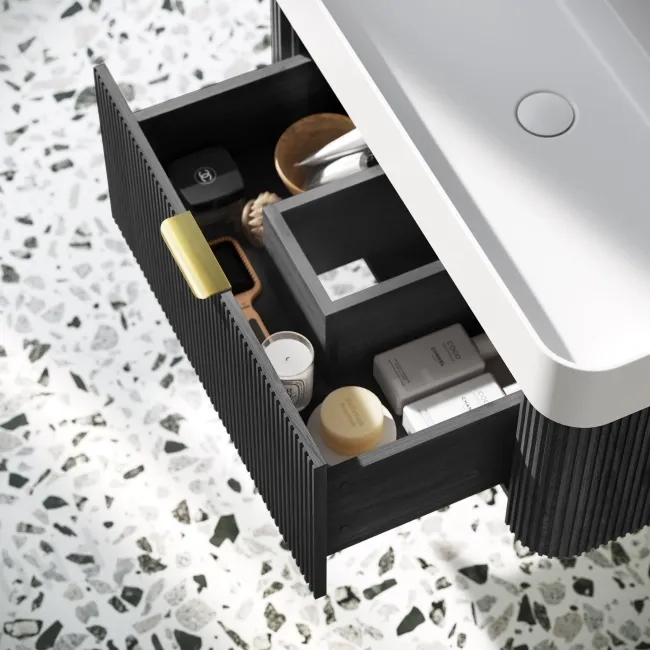 Cayman Black Oak Wall Hung Slimline Basin Drawer Vanity 800mm - Brushed Brass Accents