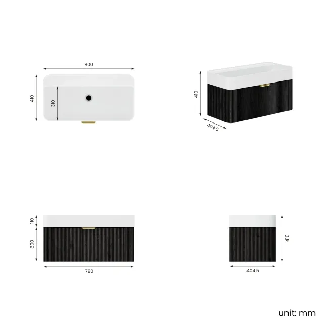 Cayman Black Oak Wall Hung Slimline Basin Drawer Vanity 800mm - Brushed Brass Accents