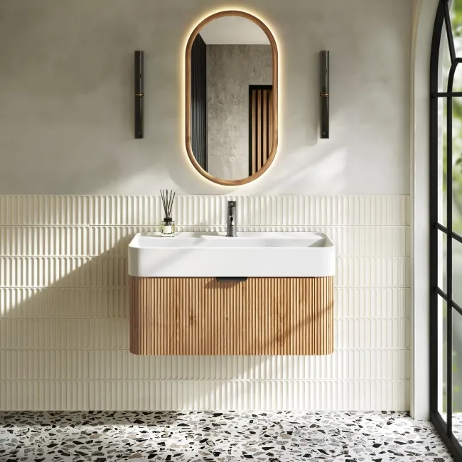 Cayman Natural Oak Wall Hung Slimline Basin Drawer Vanity 800mm - Black Accents