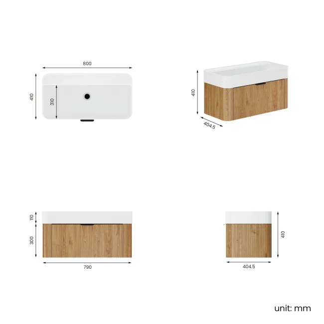 Cayman Natural Oak Wall Hung Slimline Basin Drawer Vanity 800mm - Black Accents