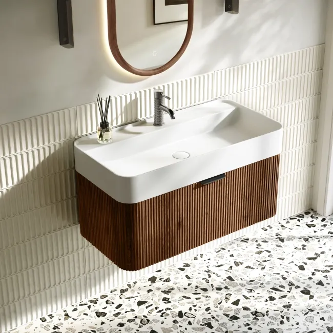 Cayman Natural Walnut Wall Hung Slimline Basin Drawer Vanity 800mm - Black Accents
