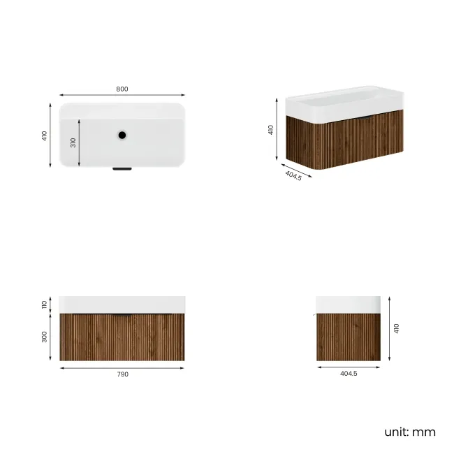 Cayman Natural Walnut Wall Hung Slimline Basin Drawer Vanity 800mm - Black Accents