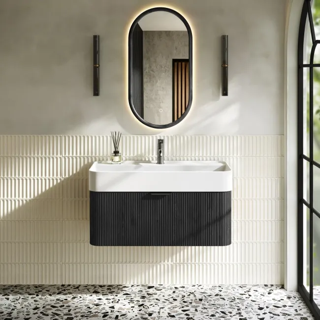 Cayman Black Oak Wall Hung Slimline Basin Drawer Vanity 800mm - Black Accents