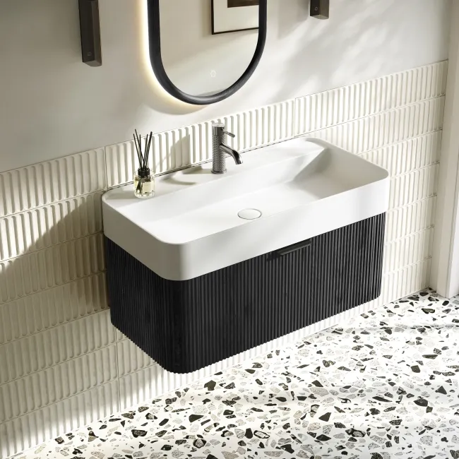 Cayman Black Oak Wall Hung Slimline Basin Drawer Vanity 800mm - Black Accents