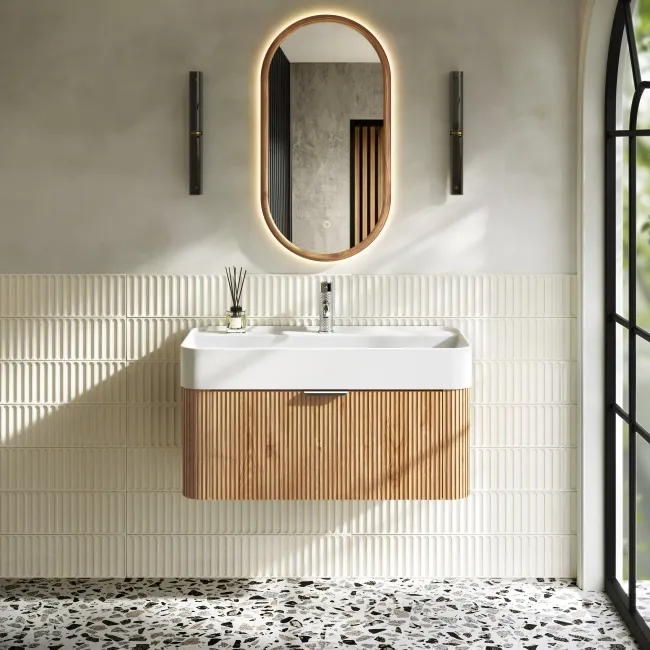Cayman Natural Oak Wall Hung Slimline Basin Drawer Vanity 800mm - Chrome Handle