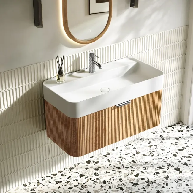 Cayman Natural Oak Wall Hung Slimline Basin Drawer Vanity 800mm - Chrome Handle