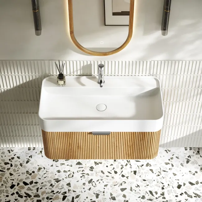 Cayman Natural Oak Wall Hung Slimline Basin Drawer Vanity 800mm - Chrome Handle