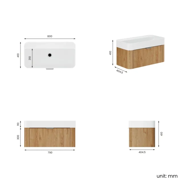 Cayman Natural Oak Wall Hung Slimline Basin Drawer Vanity 800mm - Chrome Handle