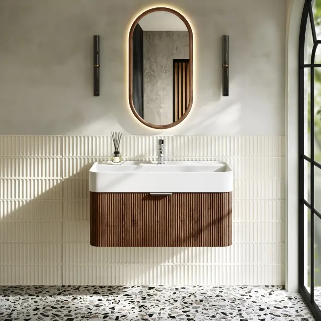 Cayman Natural Walnut Wall Hung Slimline Basin Drawer Vanity 800mm - Chrome Handle