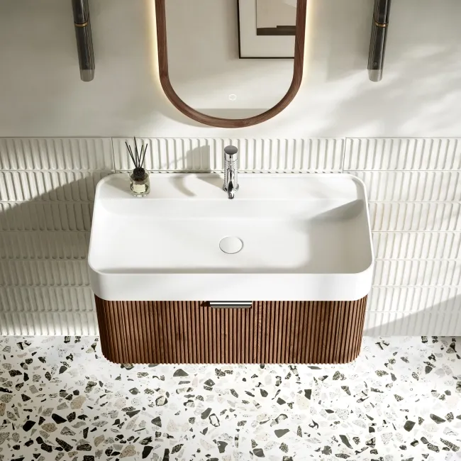 Cayman Natural Walnut Wall Hung Slimline Basin Drawer Vanity 800mm - Chrome Handle