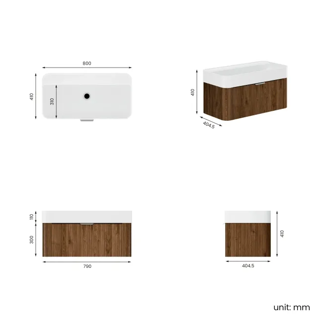 Cayman Natural Walnut Wall Hung Slimline Basin Drawer Vanity 800mm - Chrome Handle