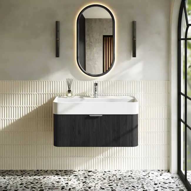 Cayman Black Oak Wall Hung Slimline Basin Drawer Vanity 800mm - Chrome Handle