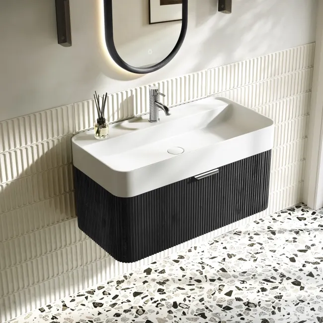 Cayman Black Oak Wall Hung Slimline Basin Drawer Vanity 800mm - Chrome Handle