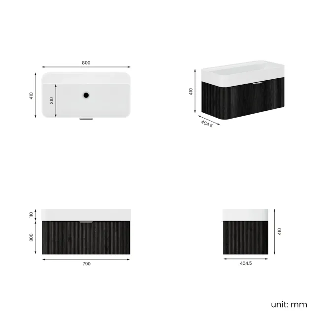 Cayman Black Oak Wall Hung Slimline Basin Drawer Vanity 800mm - Chrome Handle