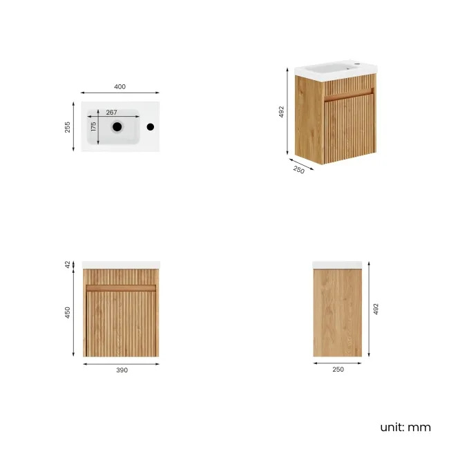 Hawaii Natural Oak Wall Hung Slimline Basin Vanity 400mm